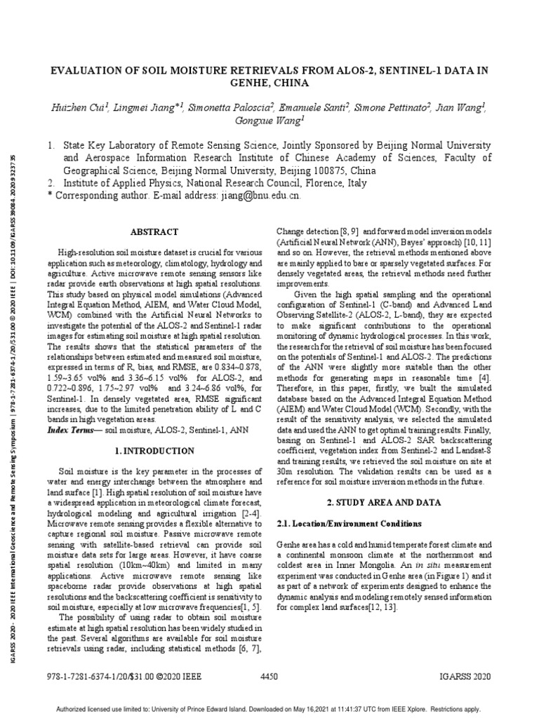 Evaluation of Soil Moisture Retrievals From Alos-2, Sentinel-1 Data in ...