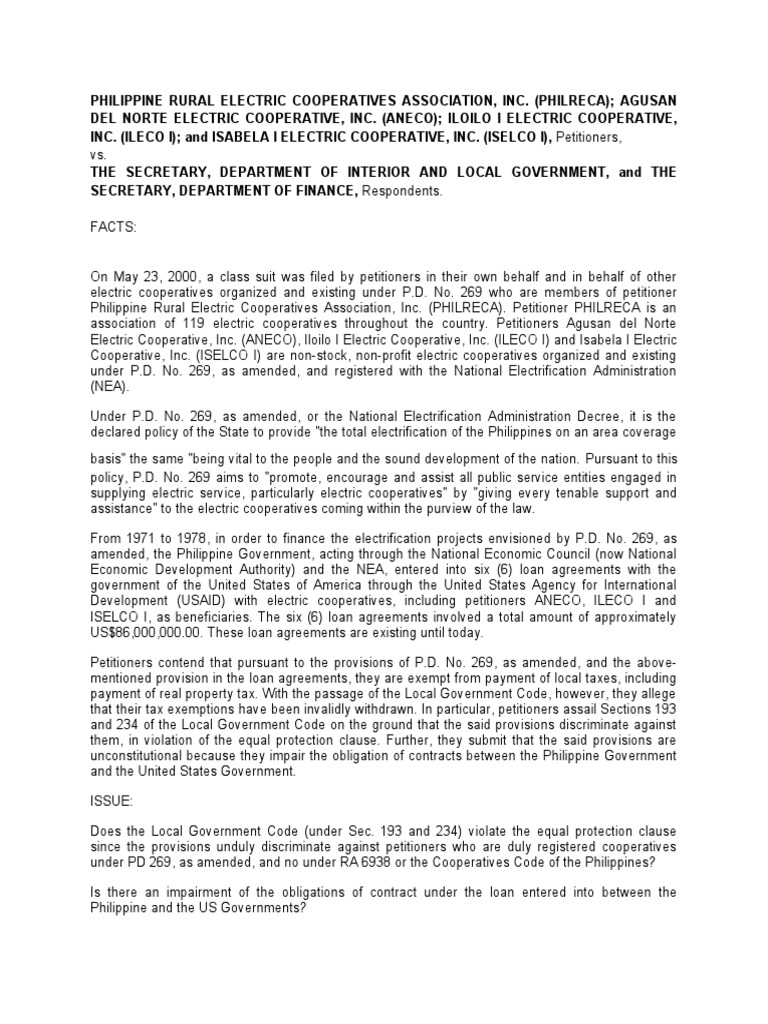 Philippine rural electric cooperatives assn vs dilg secretary case