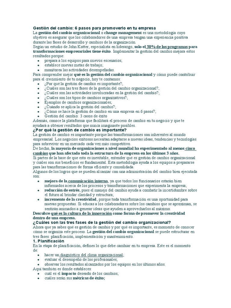 6 Pasos para la Gestión del Cambio Organizacional | PDF