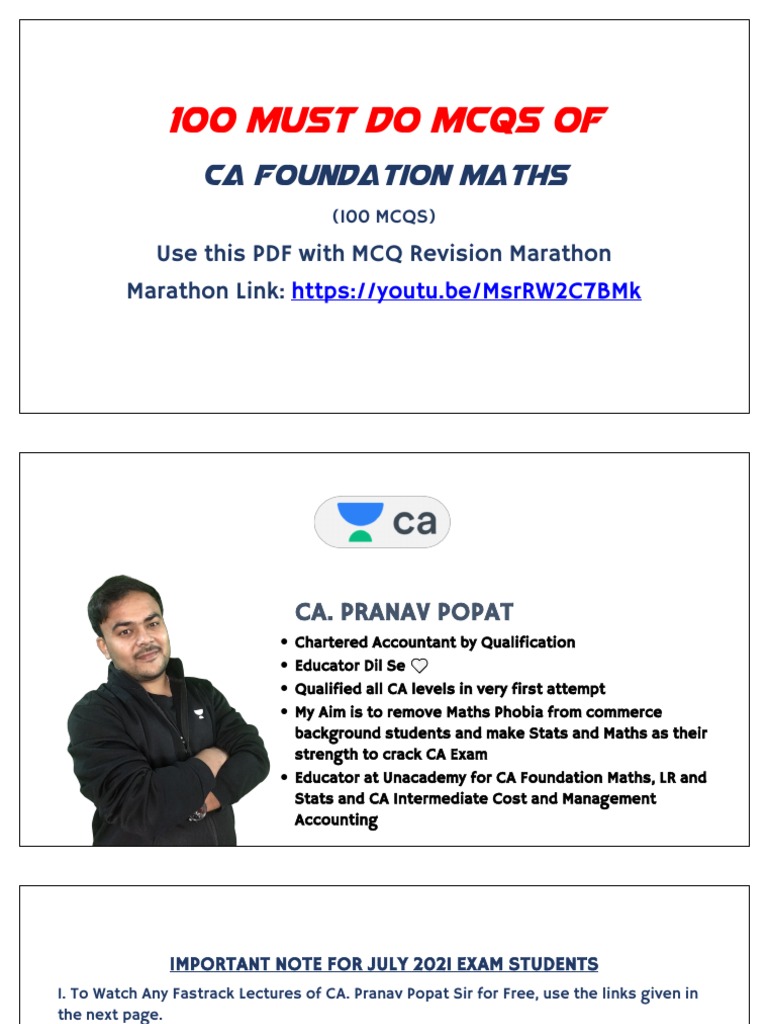 100 Essential CA Foundation Maths MCQs | PDF | Probability Distribution ...