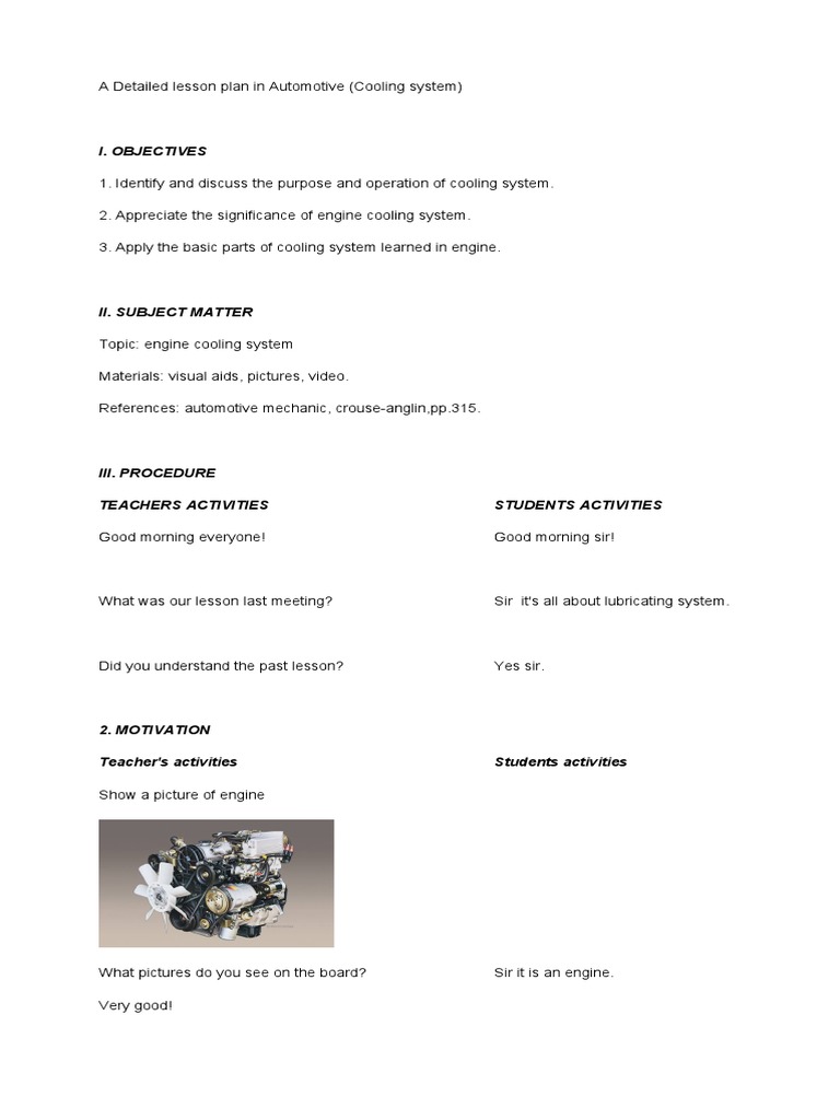 Automotive Cooling System Lesson Plan Pdf Technology Engineering