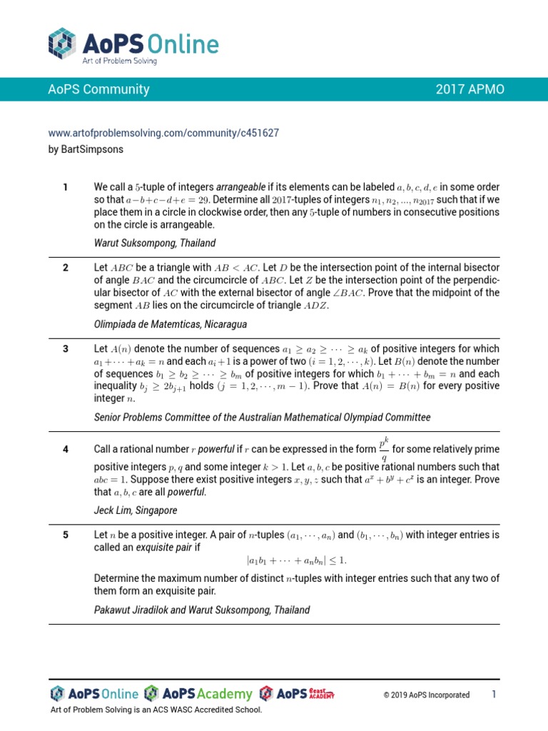 Aops Community 2017 Apmo Warut Suksompong, Thailand PDF