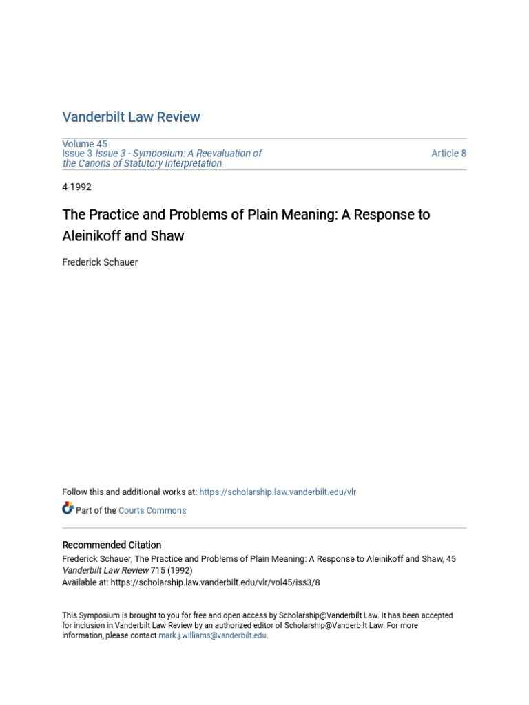 The Practice and Problems of Plain Meaning A Response To Aleini PDF