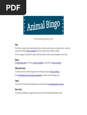 Animal bingo cards and directions 