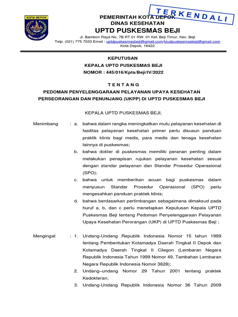 SK Pedoman Penyelenggaraan Pelayanan Upaya Kesehatan Perseorangan Dan ...