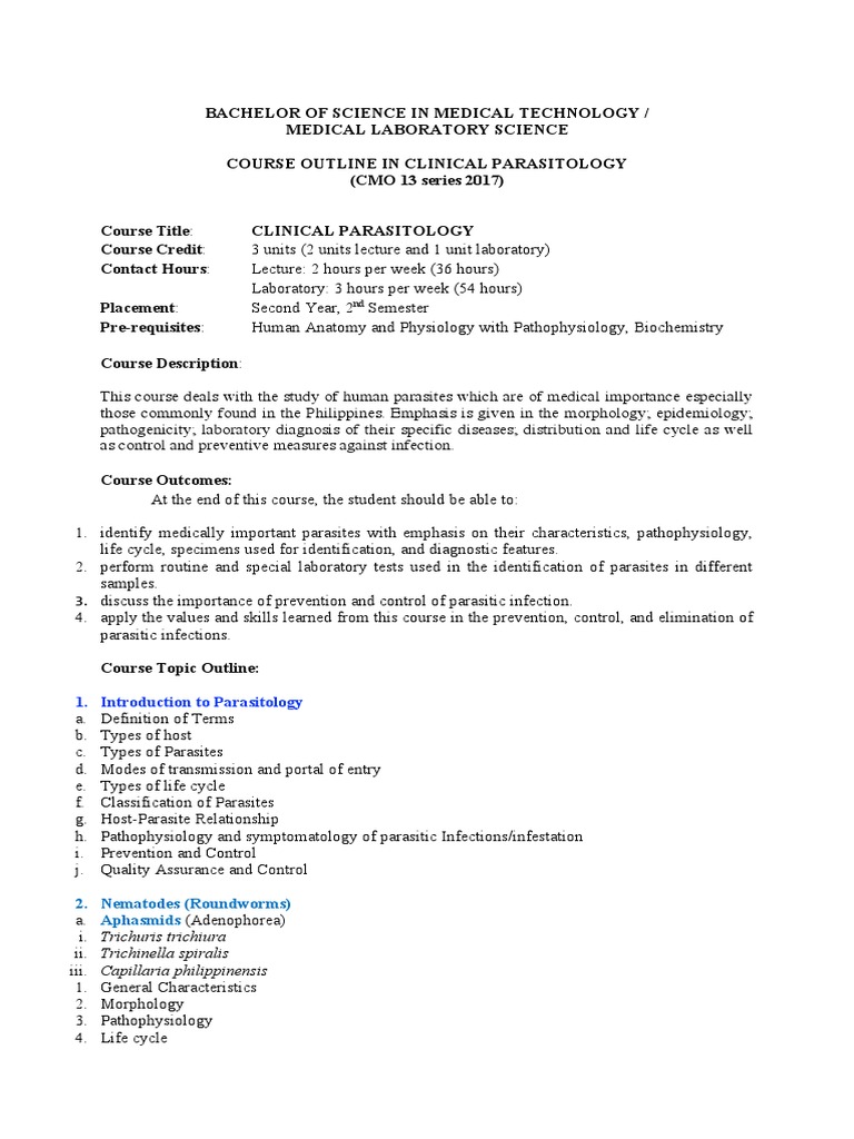 Clinical Parasitology Course Outline | PDF | Parasitism | Infection