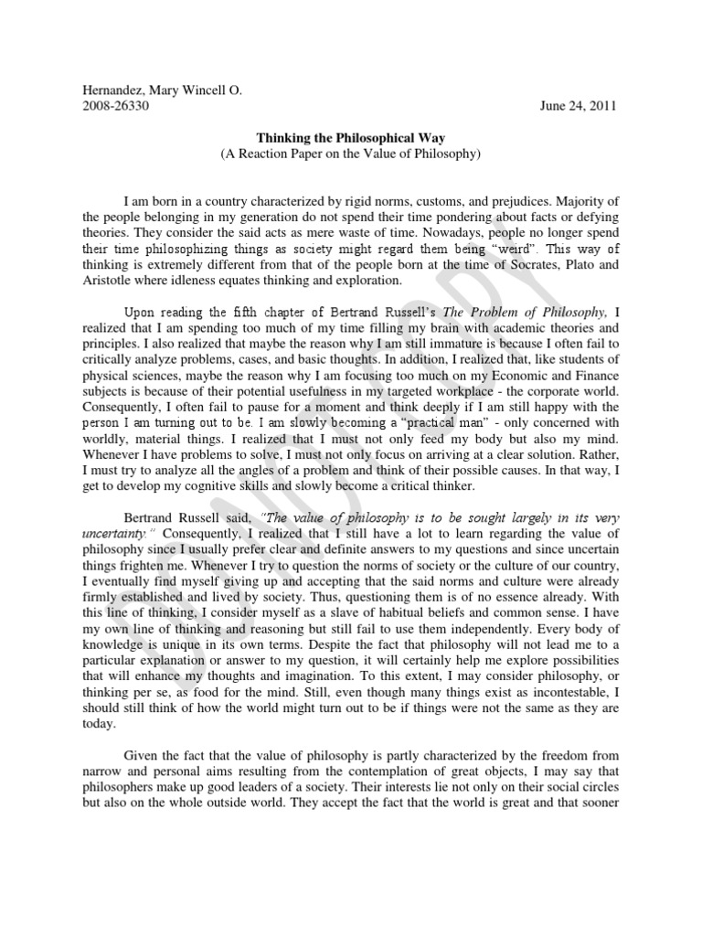 Reaction Paper_Chapter XV_The Value of Philosophy_Protected Thought