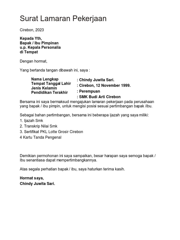 Surat Lamaran Kerja Edit | PDF