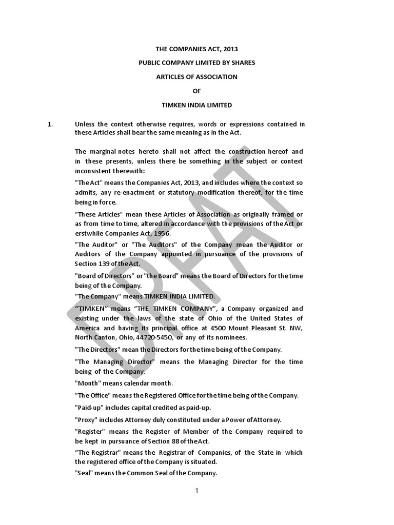 Draft Articles of Association of Timken India Limited | PDF | Stocks | Lien