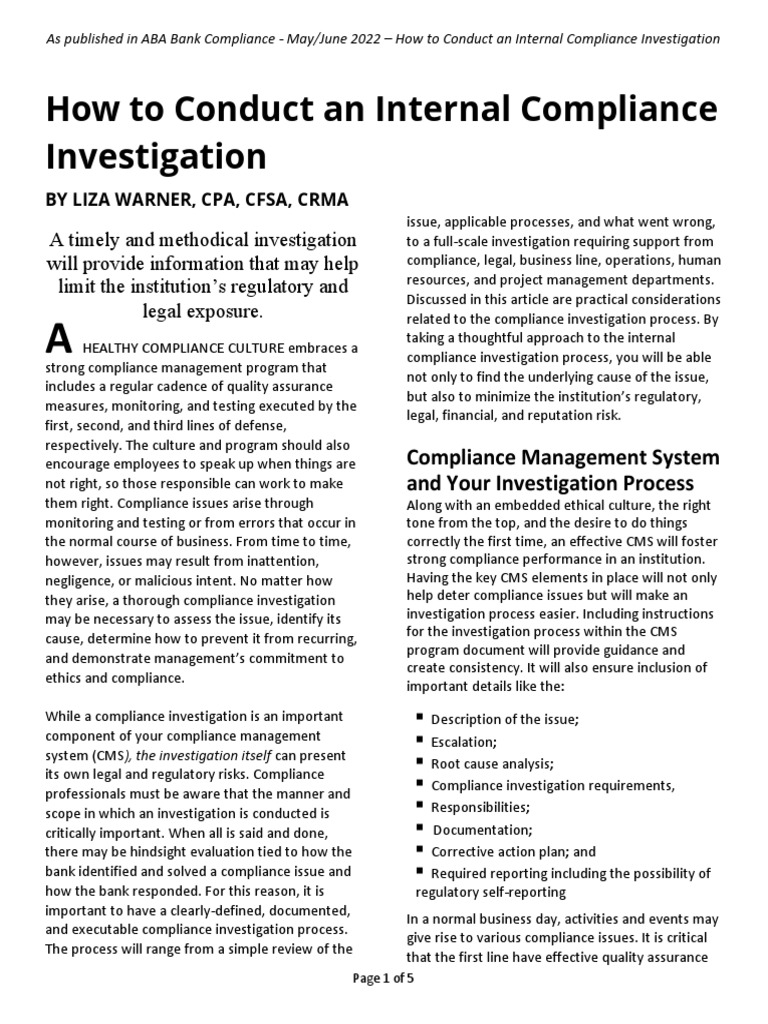 How to conduct an internal compliance investigation pdf regulatory