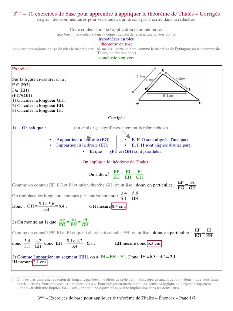 Exercices corrigés sur Thalès 3ème | PDF | Triangle | Mathématiques ...