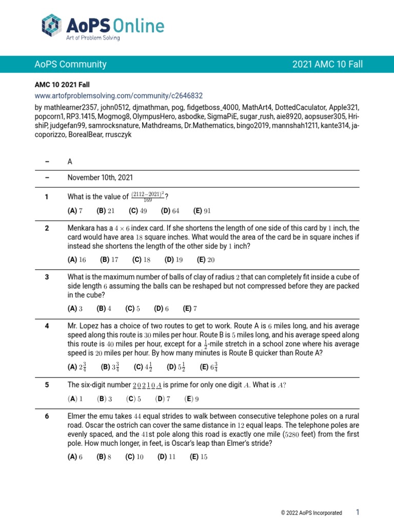 Aops Community 2021 Amc 10 Fall PDF
