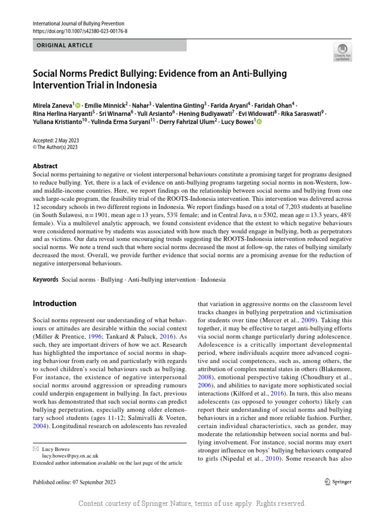 Social Norms Predict Bullying Evidence From An Ant PDF Multilevel