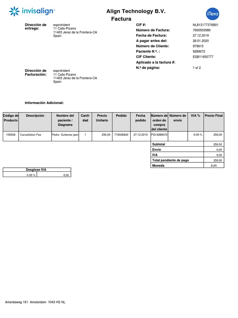 Align Technology B.V. Factura PDF