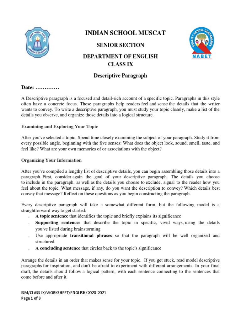 Descriptive Paragraph Writing Guide for Class 9 | PDF