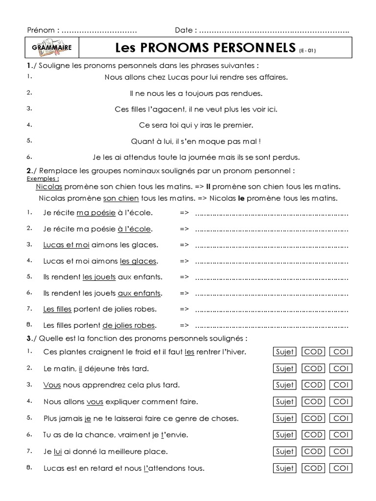 Exercices sur les pronoms personnels | PDF | Arts du langage et discipline