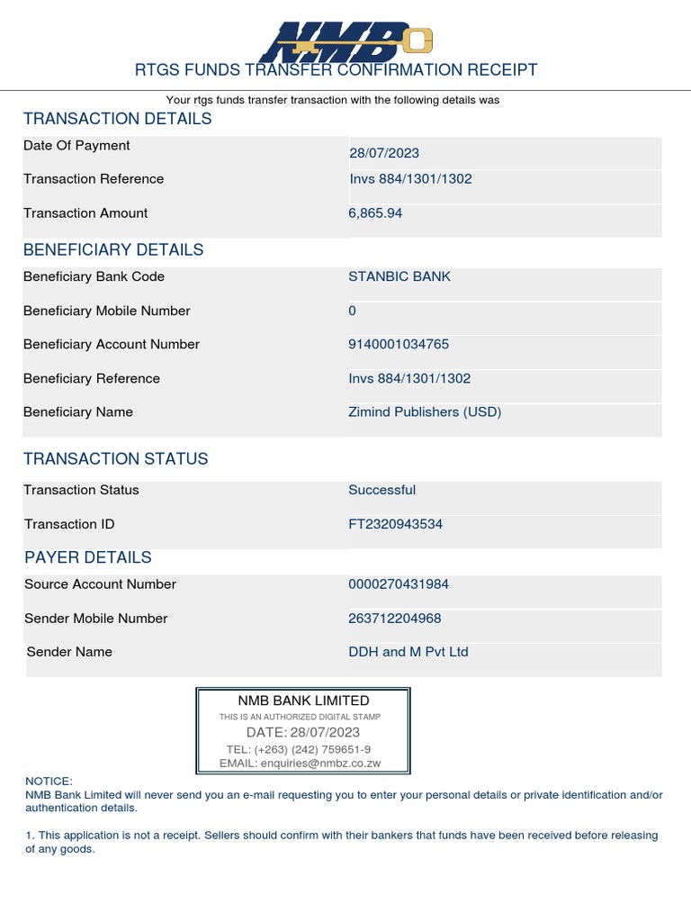 RTGS Funds Transfer Confirmation Receipt | PDF