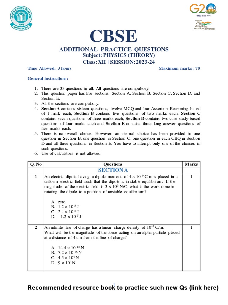 Class 12 Physics Sample Paper 2023-24 | PDF | Inductor | Capacitor