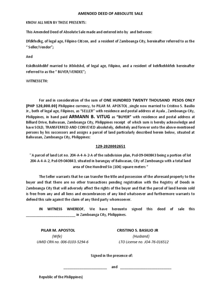 Amended Deed of Absolute Sale | PDF | Environmental Law | Land Law