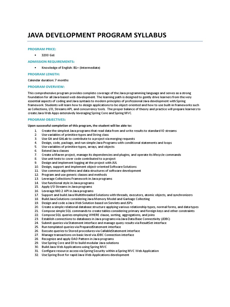 JAVA DEVELOPMENT PROGRAM Syllabus PDF Java Programming Language Java development program syllabus pdf java programming language