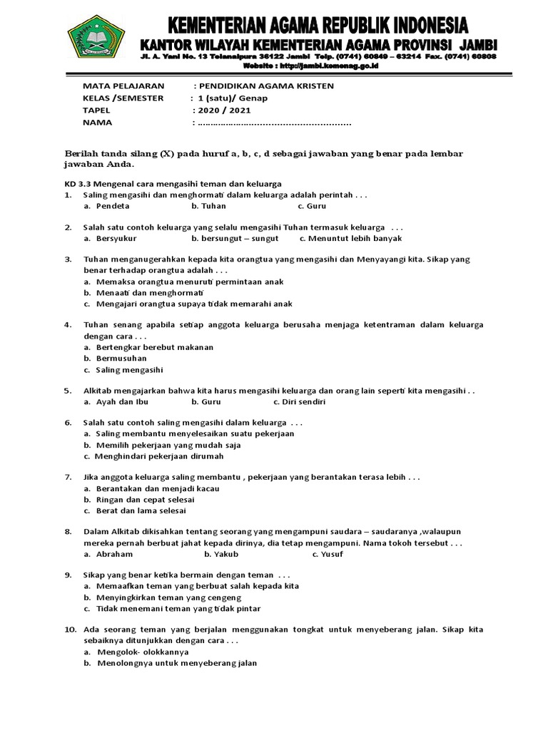 Soal Agama Kristen Kelas 1 Semester Genap Pdf