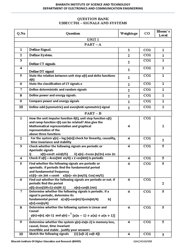 Signals and Systems Question Bank U 20 Updated 261222 PDF