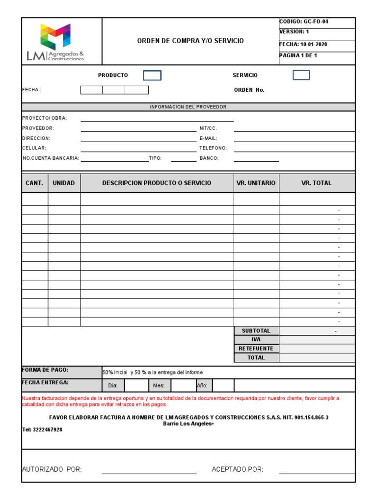 Orden de Compra y Servicio GC-FO-04 | PDF | Factura | Industrias de ...