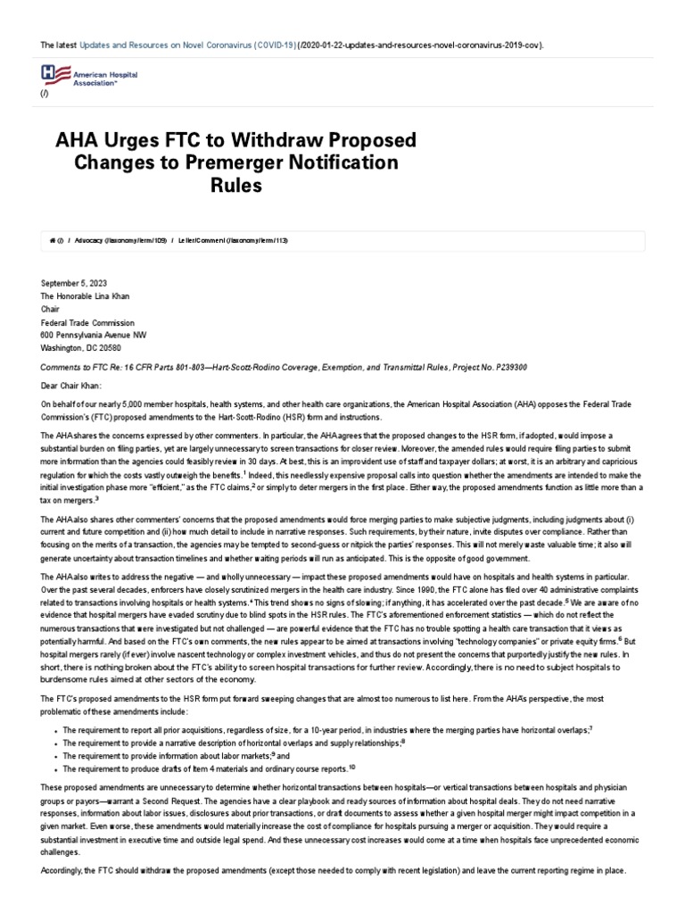 AHA Opposes FTC Merger Rule Changes | PDF | Federal Trade Commission ...