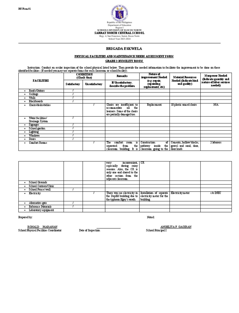 BE Form 1 PHYSICAL FACILITIES AND MAINTENANCE NEEDS ASSESSMENT FORM ...