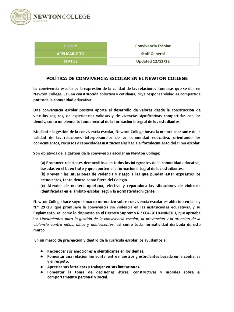 Política de Convivencia Escolar 2022 | PDF | La violencia contra las ...
