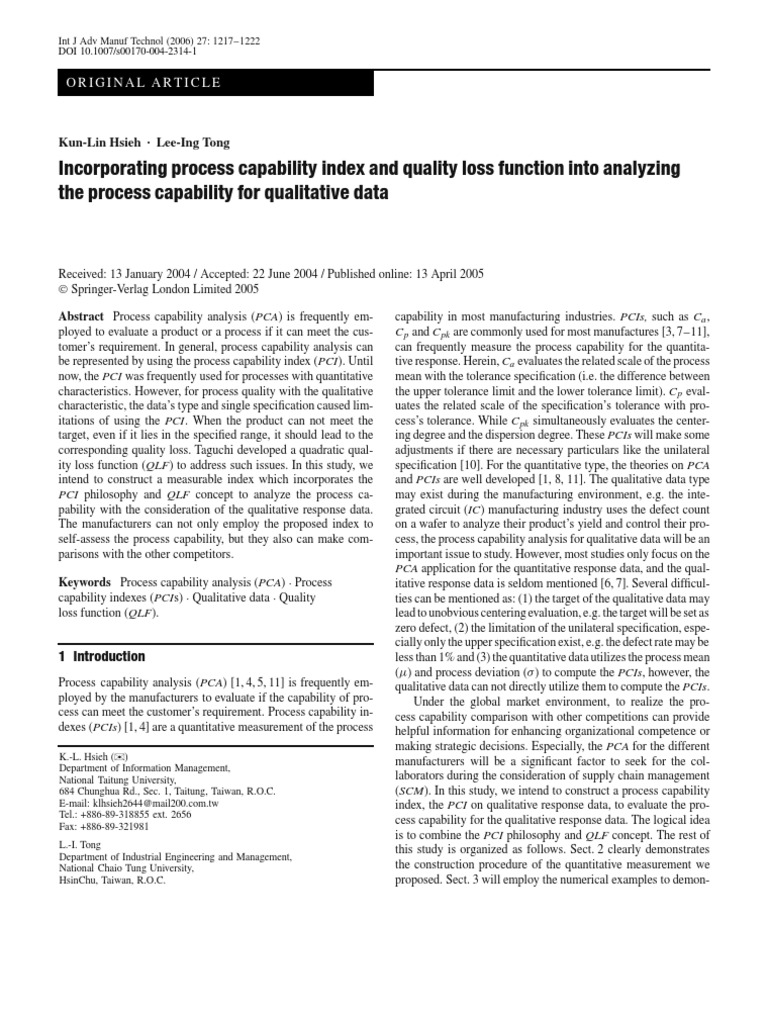 Process Capability Index and Quality Loss Function | PDF | Engineering ...