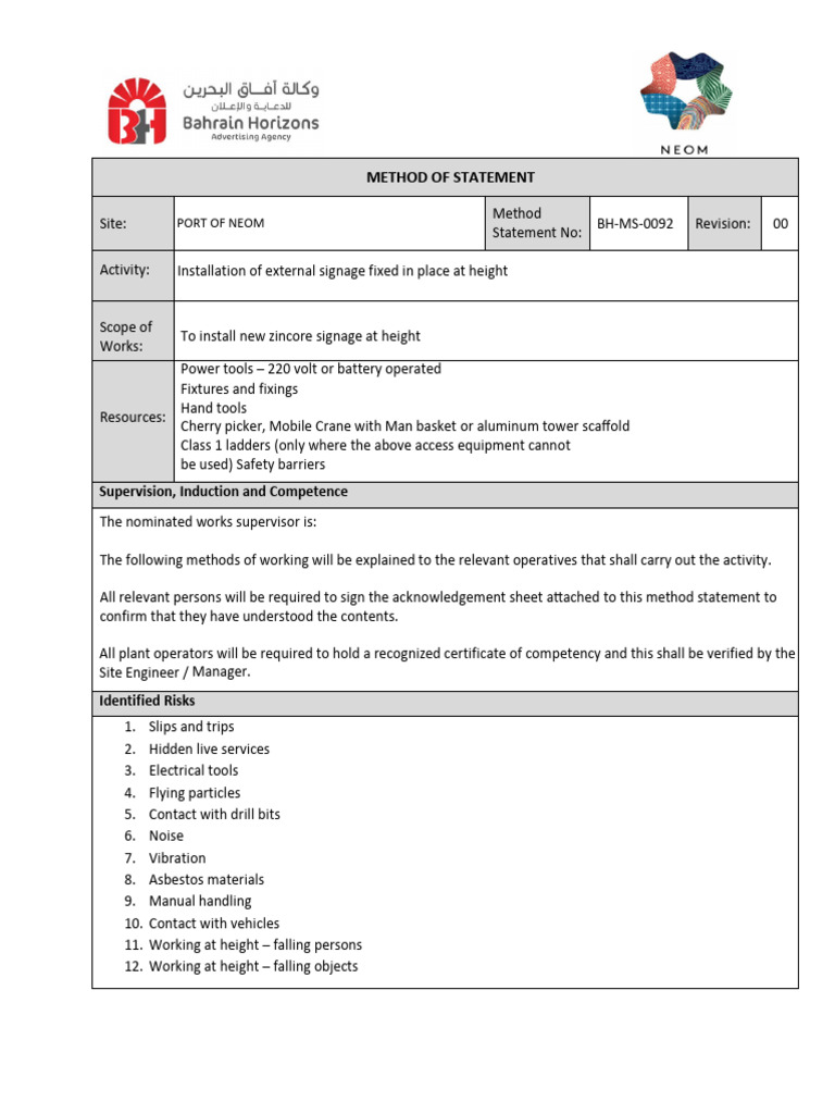 Signage Installation Method Statement | PDF | Safety | Scaffolding