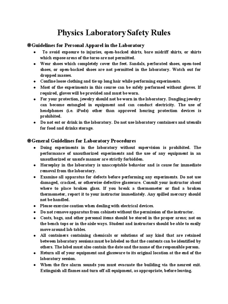 Physics Laboratory Safety Rules PDF