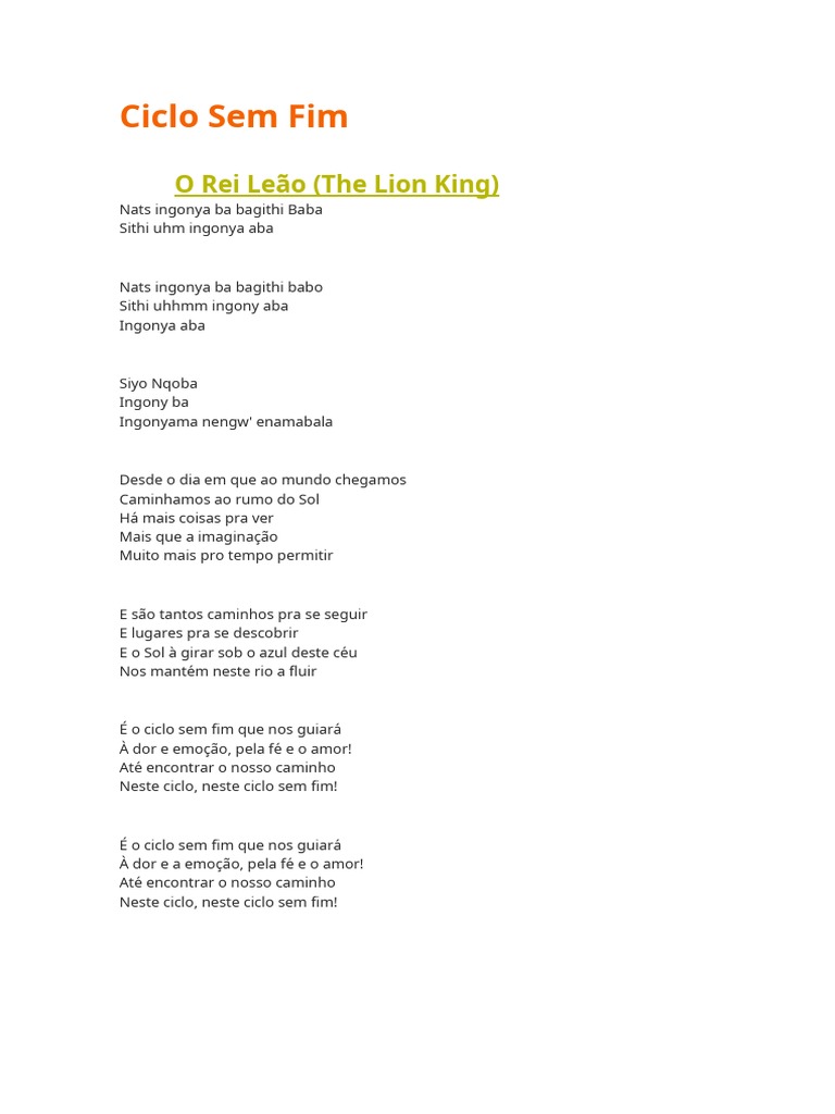 Ciclo Sem Fim: A Letra do Rei Leão | PDF