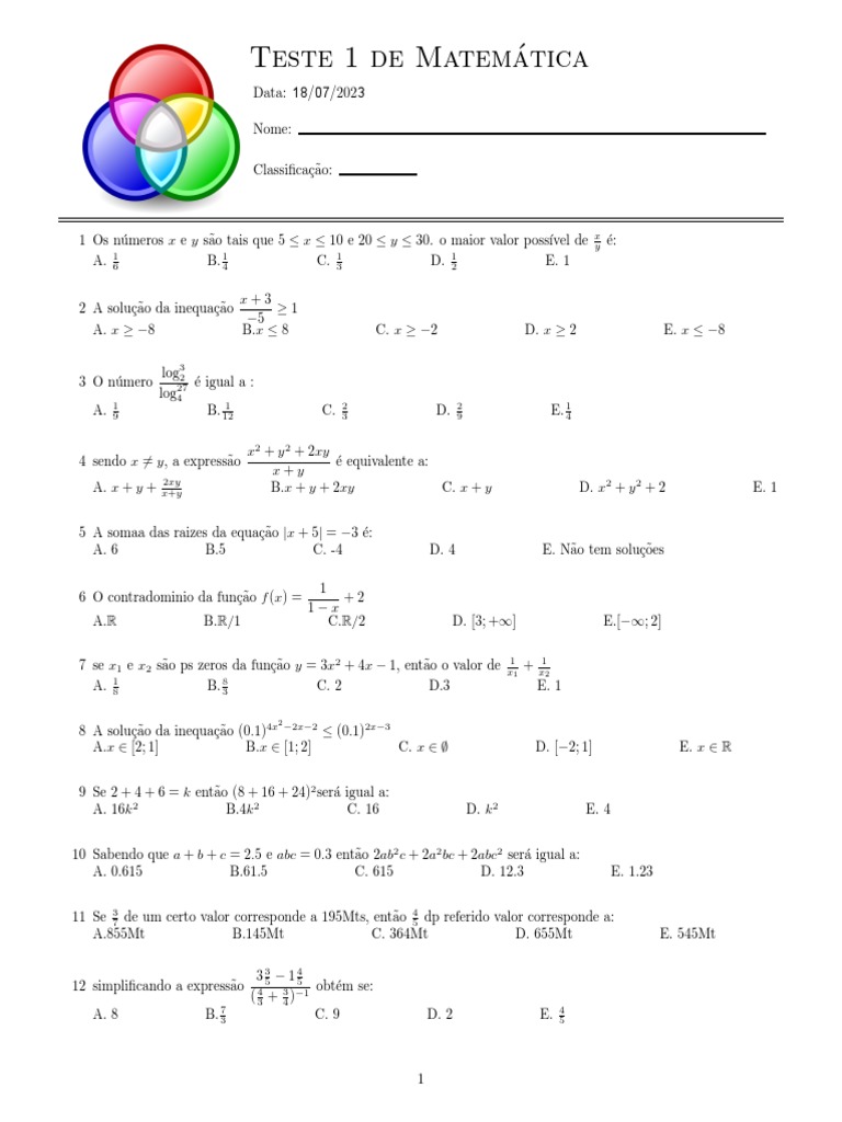 Questões de Matemática para Teste 1 | PDF | Álgebra | Matemática elementar