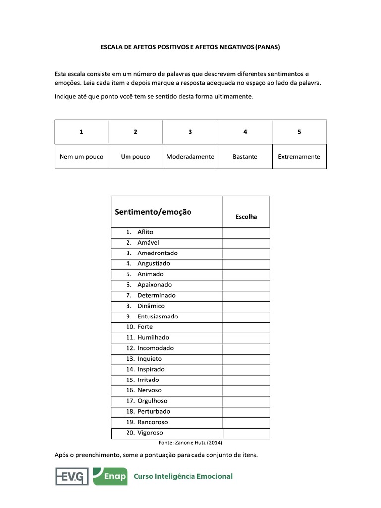 Escala de Afetos Positivos e Afetos Negativos (Panas) | PDF