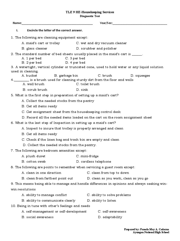 TLE 9 HOUSEKEEPING Diagnostic PDF Silk Housekeeping