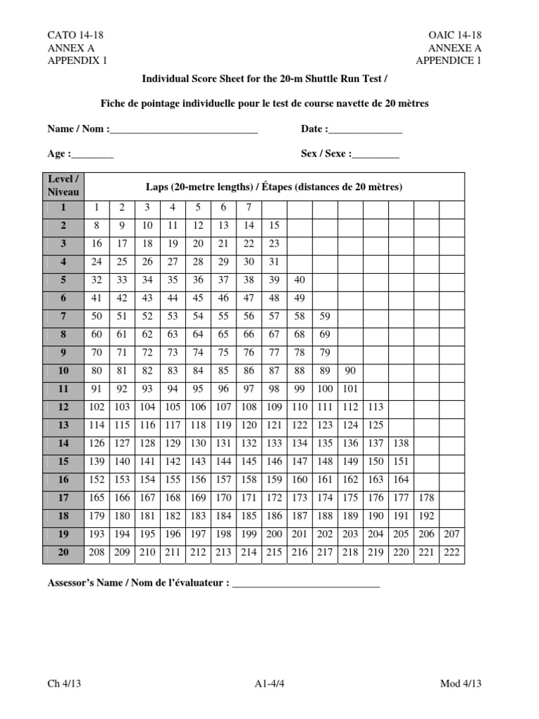 Fiche de pointage test navette 20m | PDF