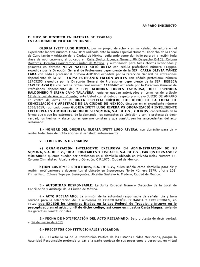 Amparo Indirecto Laboral 1356/2019 | PDF | Caso de ley | Principios éticos