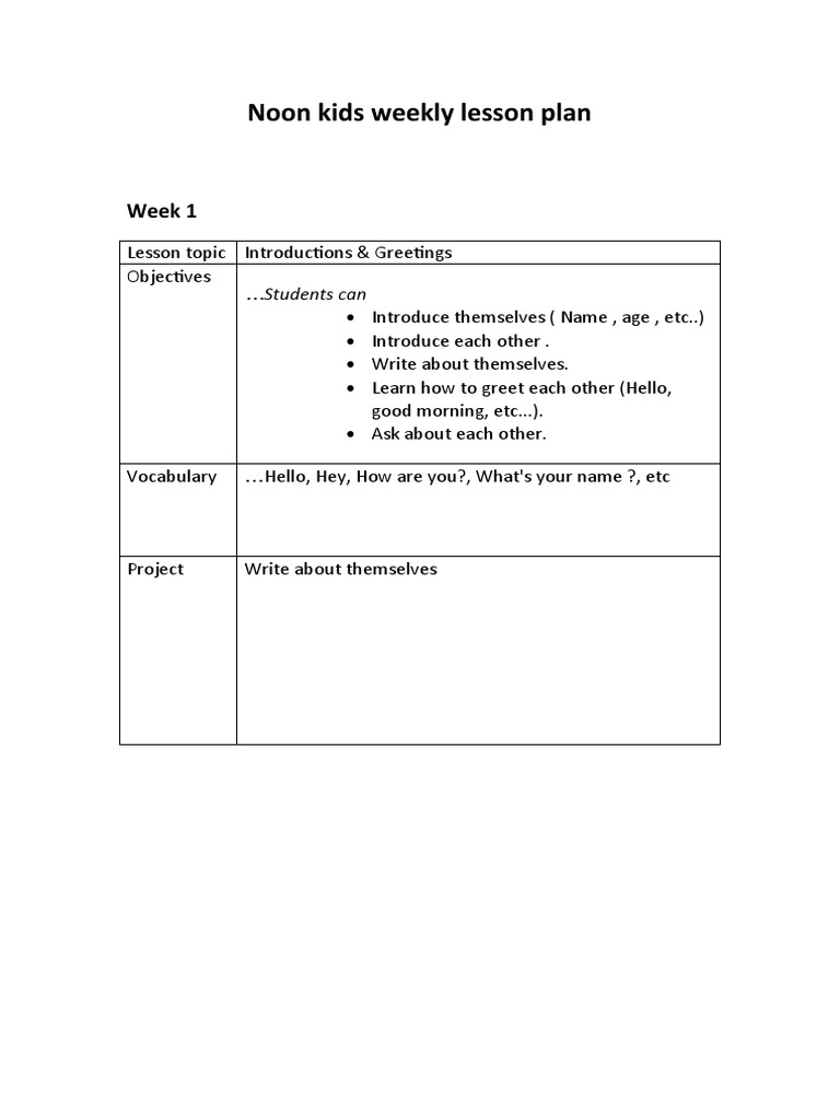 Noon kids weekly lesson plan pdf