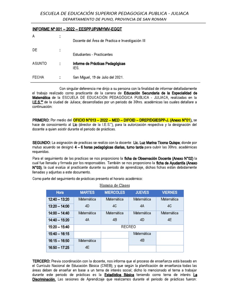 Modelo de Informe de Practicas_Educacion | PDF | Salón de clases ...