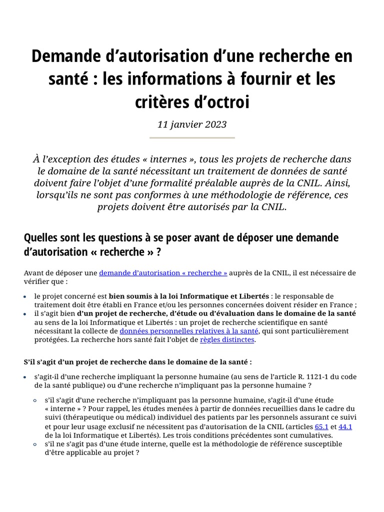 Demande d'autorisation CNIL recherche santé | PDF