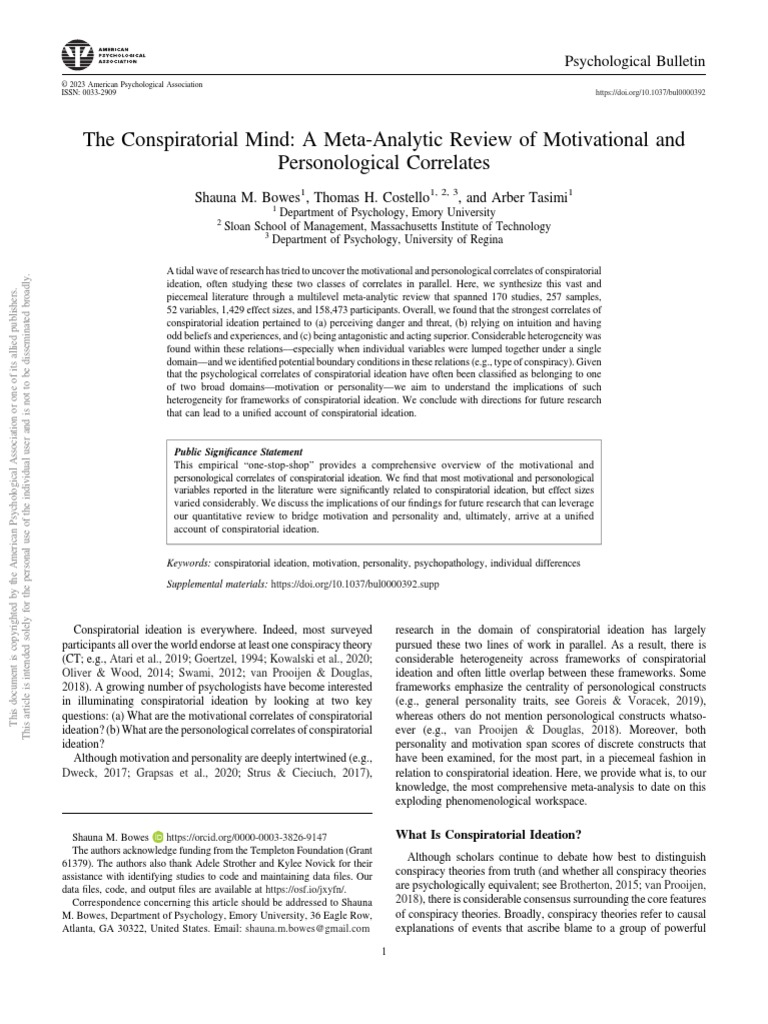 The Conspiratorial Mind: A Meta-Analytic Review of Motivational and ...