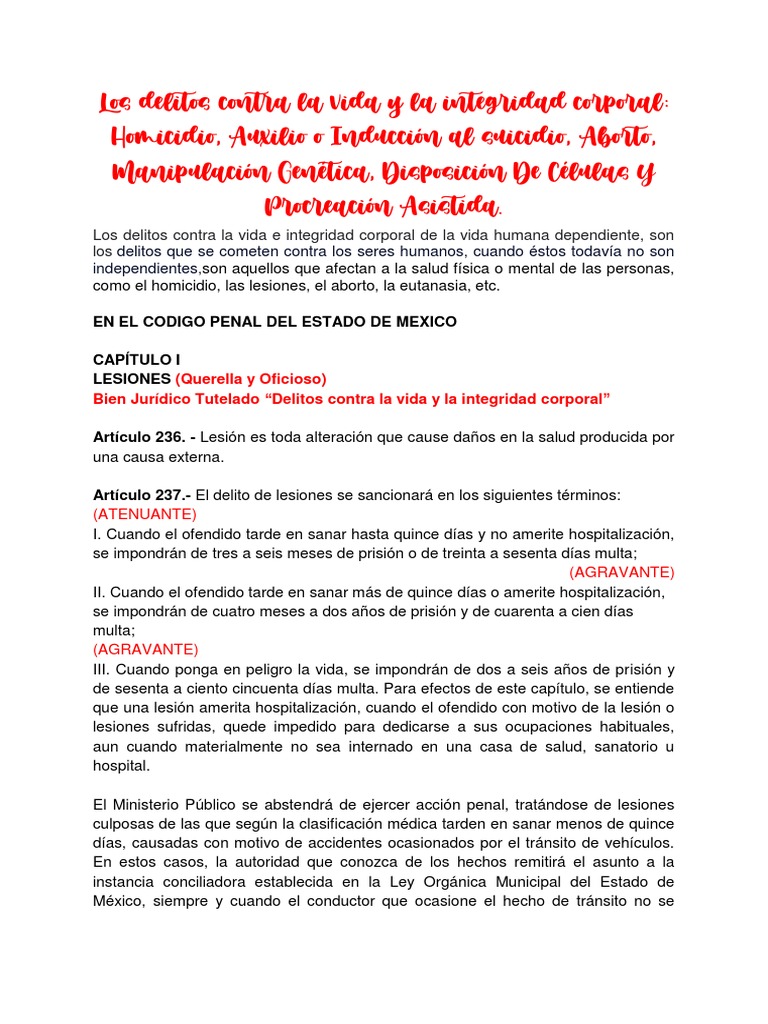 Los Delitos Contra La Vida y La Integridad Corporal | PDF | Homicidio ...