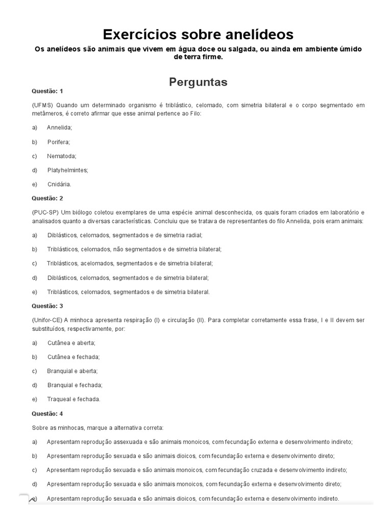 Exercícios sobre Anelídeos | PDF | Protostomia | Biologia