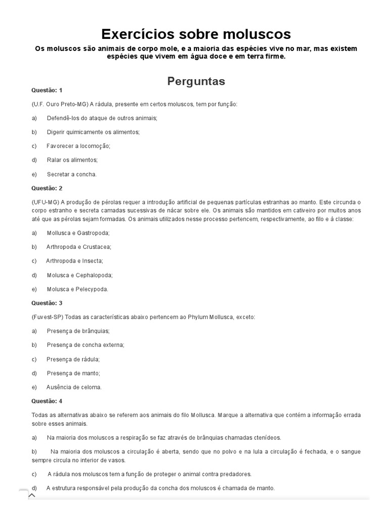 Questões Sobre Moluscos | PDF | Moluscos | Bivalvia