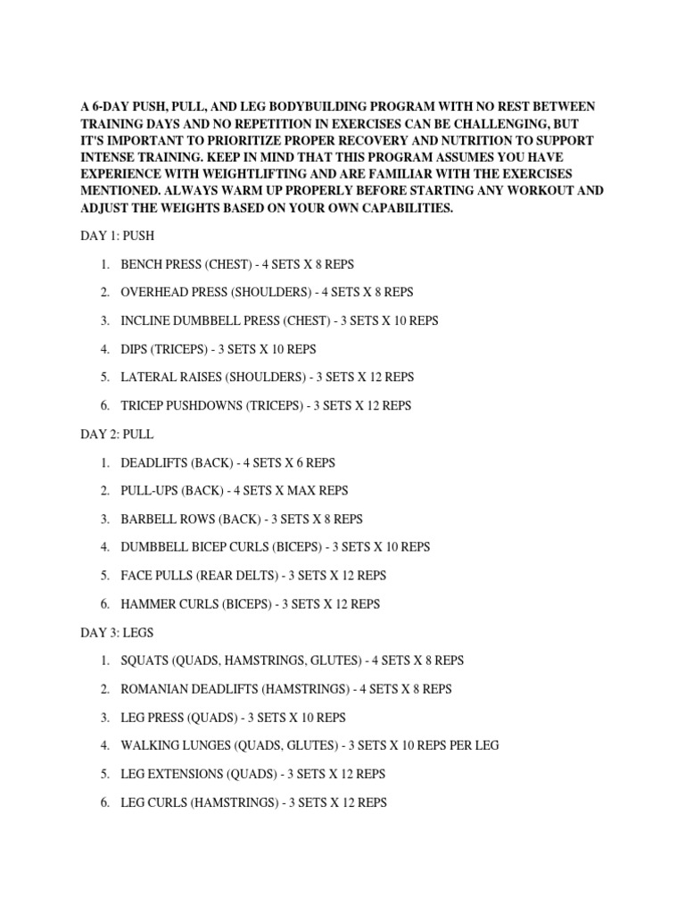 6-Day Bodybuilding Workout Program | PDF | Weight Training ...