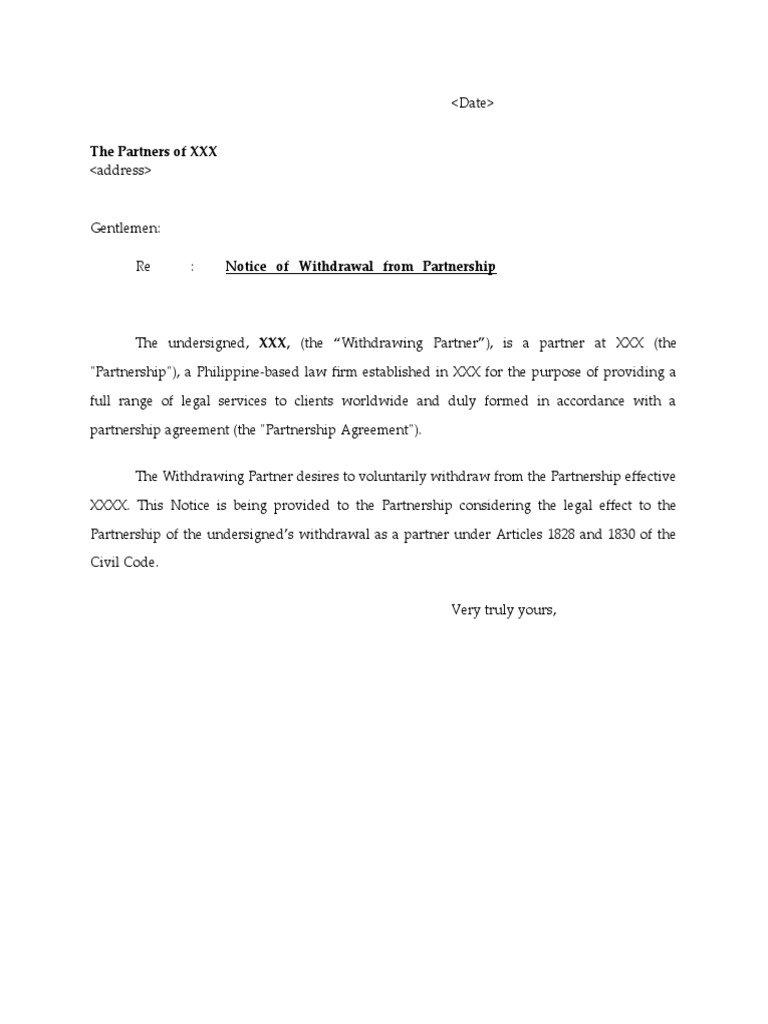 Notice of Withdrawal from Partnership | PDF | Finance & Money ...