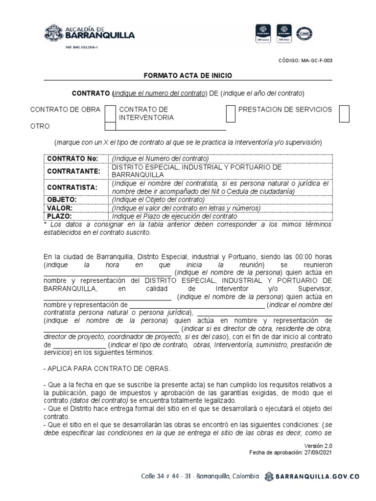 Acta de Inicio de Contrato de Obra | PDF | Tecnología