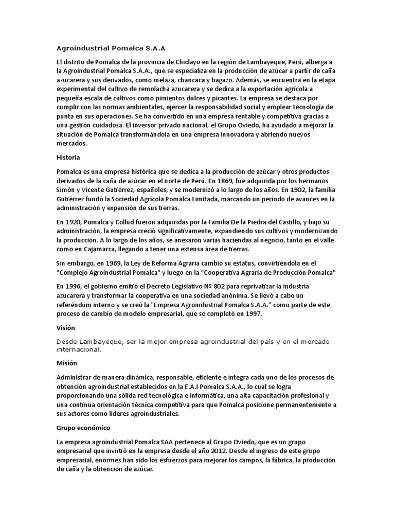 Historia y Proceso de Pomalca S.A.A. | PDF | Melaza | Cristalización